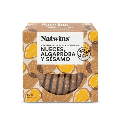 NATWINS Barritas con Avena y Centeno, Nueces algarroba y Sésamo (galletas sin azúcar añadido, alto contenido de fibra)