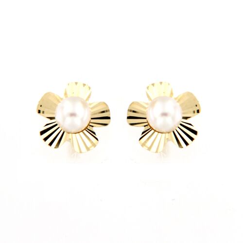 9K - Earrings engraved flower with pearl