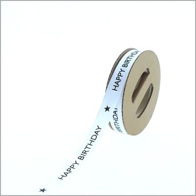 Satin ribbon – Happy Birthday – white – 15 mm x 25 meters