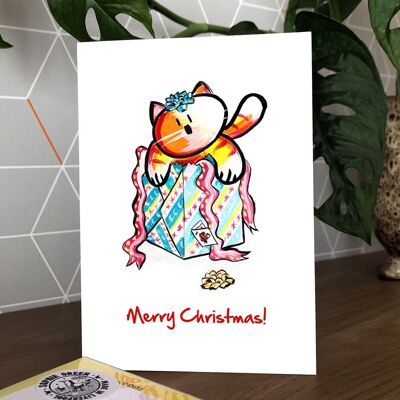 Cartolina d'auguri di Natale con gatto e regalo
