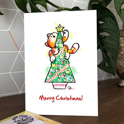 Cartolina d'auguri di Natale con albero e gatto