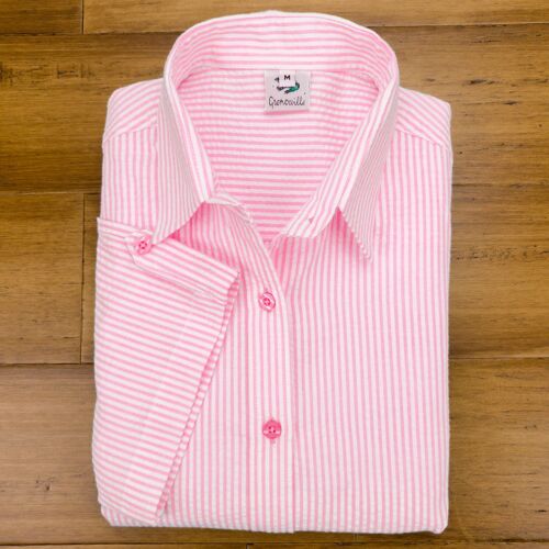 Grenouille Cap Sleeve Pink & White Stripe Seersucker Shirt