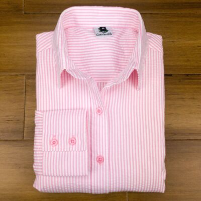 Camicia in seersucker a righe bianche e rosa a maniche lunghe Grenouille