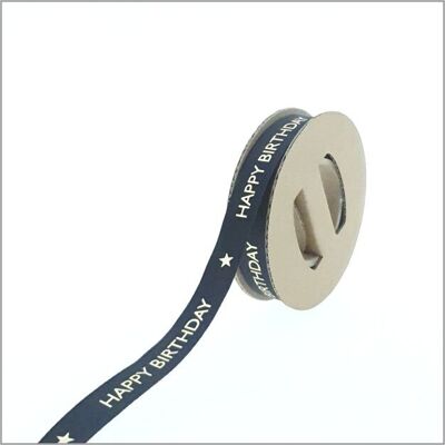 Satin ribbon – Happy Birthday – black – 15 mm x 25 meters