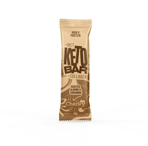 Cherky Keto Bar con colágeno. Almendra Tostada y Canela. Sin azúcar añadido, con MCT, sin gluten, sin lactosa 45g