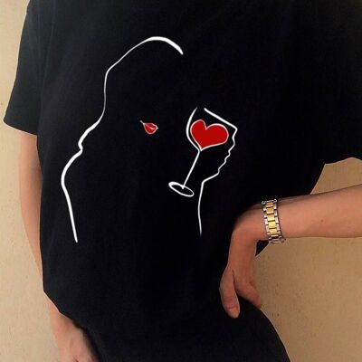T-Shirt "Better with Wine"__L / Nero