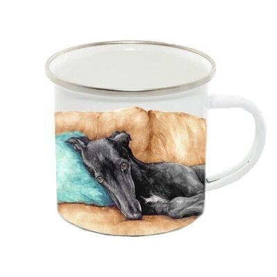 Tasse en émail 12oz, Lévrier / Whippet, Ébène