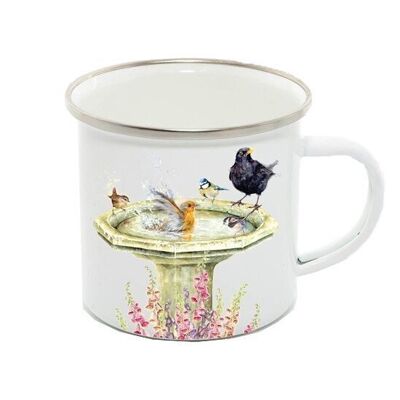 Enamel Mug 12oz, Garden Birds, Birdbath