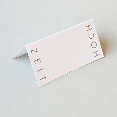 tarjeta de lugar blanca: HOCH TIME (impresión plateada)
