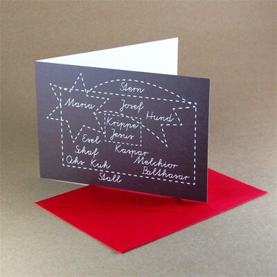 Schriftkrippe - 10 schwarze Weihnachtskarten mit roten Umschlägen