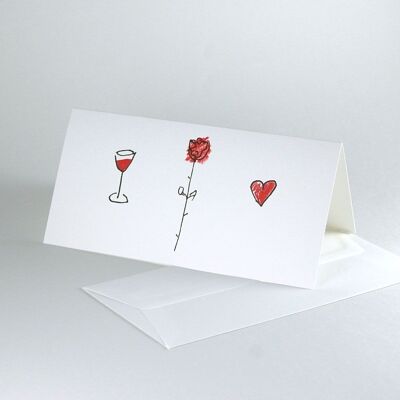 10 wedding cards with envelopes: rose, wine glass, heart