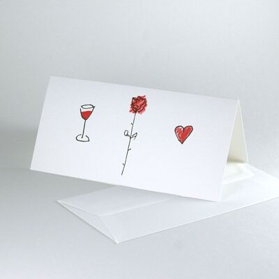 Set of 10 wedding cards with envelopes: rose, wine glass, heart