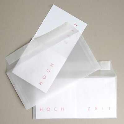 10 pink printed wedding invitations with envelopes: HOCH TIME