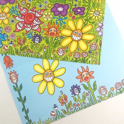 8 cartoon cards with white envelopes: flowers and sun smiling