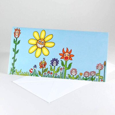 Prado de flores riendo - tarjeta de felicitación de dibujos animados con sobre blanco
