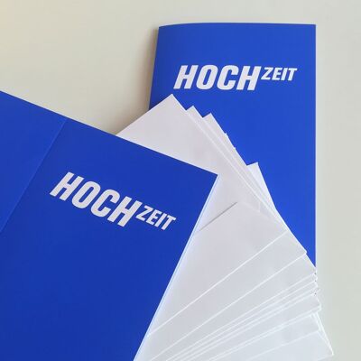10 blue wedding cards with white envelopes: HOCH TIME