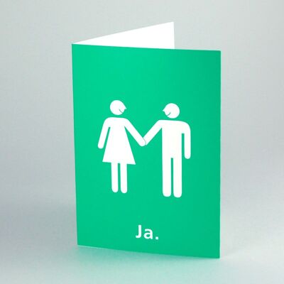 10 large, green wedding cards: bride and groom + yes.