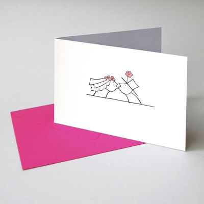 10 wedding cards with pink envelopes: kissing bride and groom