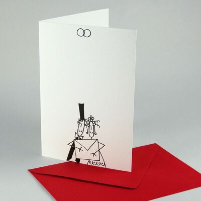 10 wedding invitations with red envelopes: bride and groom with envelope