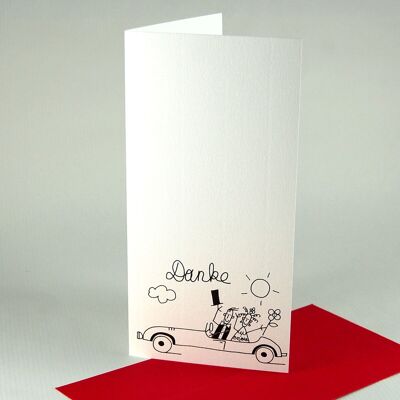 10 tarjetas divertidas para dar las gracias: los novios en el coche (con sobres rojos)