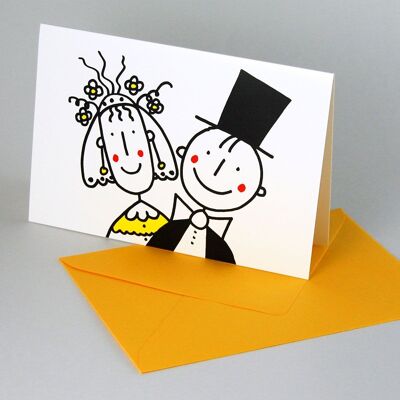 sposi felici - partecipazione di nozze con busta gialla