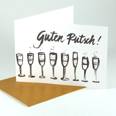 10 New Year's cards with golden envelopes: Happy New Year! (+ champagne flutes)