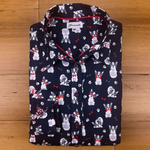 Grenouille Ladies Navy French Bulldog Shaped Fit Shirt