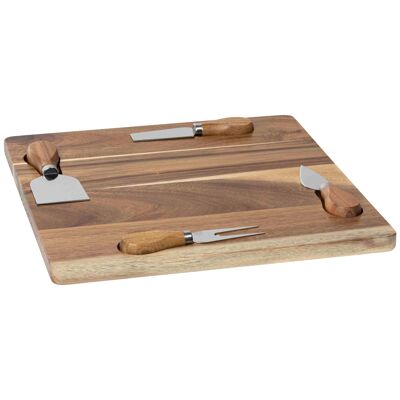 Cutting board acacia 30x30x1.5 cm with cheese knife set.