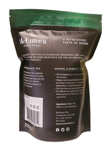 Thé irlandais pour petit-déjeuner McEntee - Sachet de recharge de 250 g - Mélangé de manière experte en Irlande. Un mélange irlandais traditionnel de thé de Ceylan et d'Assam offrant ce goût de chez soi. 2