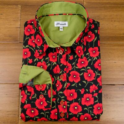 Grenouille Long Sleeve Black with Red Poppy Print Shirt
