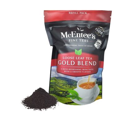 Tè irlandese a foglie sfuse Gold Blend di McEntee - Borsa di ricarica da 250 g - Miscelato sapientemente in Irlanda per offrire quella tazza di tè perfetta. Una miscela tradizionale di tè Assam e keniota che dona quel sapore di casa.