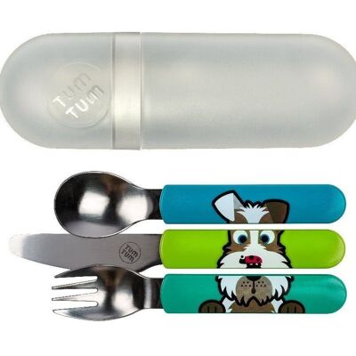Set of 3 Puzzle cutlery with its Scruff the dog case