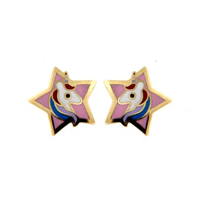 9K - Earrings enamelled star with unicorn design