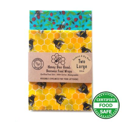 2 grands sandwichs/grands bols à la cire d'abeille | Fabriqué à la main au Royaume-Uni Beeswax Wrap | Emballage alimentaire | Abeilles jaunes