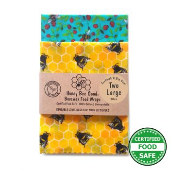 2 grands sandwichs/grands bols à la cire d'abeille | Fabriqué à la main au Royaume-Uni Beeswax Wrap | Emballage alimentaire | Abeilles jaunes 1