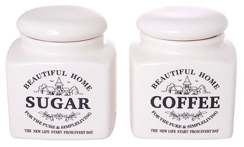 Set of 2 ceramic containers for coffee and sugar, with an airtight lid. Dimension: 11x11x12cm SP-381-1