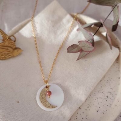 Resinated brass, mother-of-pearl and stainless steel moon necklace