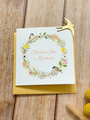 Carte double couronne aquarelle Bonne fête Maman - avec enveloppe