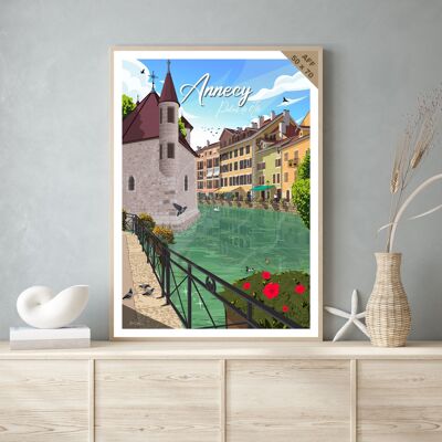 Vintage travel poster and wooden painting for interior decoration / Annecy - Palais de l’Île