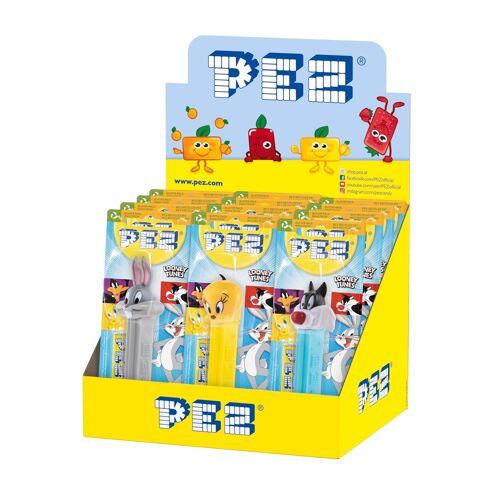 PEZ  Boîte présentoir de 12 Blisters Looney tunes : 1 distributeur + 1 recharge goût fruit