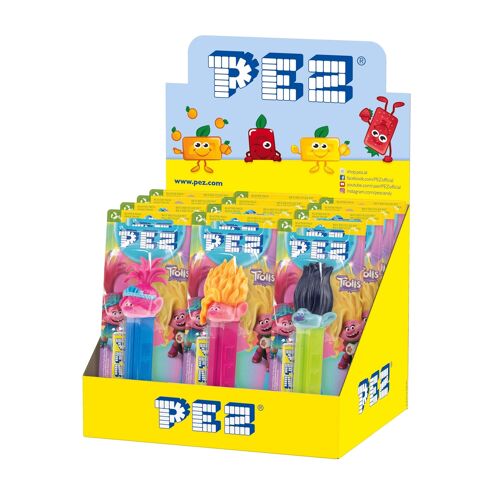 PEZ  Boîte présentoir de 12 Blisters Trolls 3 : 1 distributeur + 1 recharge goût fruit