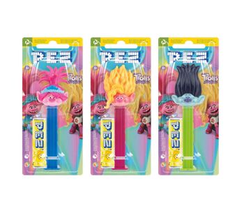 PEZ  Boîte présentoir de 12 Blisters Trolls 3 : 1 distributeur + 1 recharge goût fruit 2