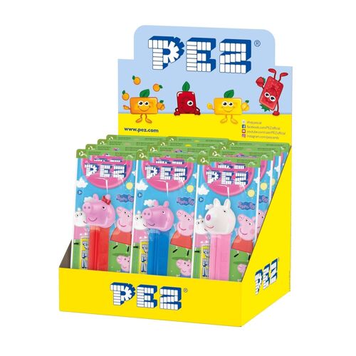 PEZ  Boîte présentoir de 12 Blisters Peppa Pig : 1 distributeur + 1 recharge goût fruit