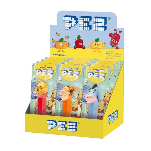 PEZ  Boîte présentoir de 12 Blisters Winnie l'ourson : 1 distributeur + 1 recharge goût fruit