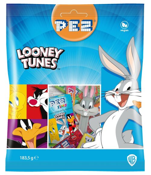 PEZ Maxi sachet design Looney Tunes 183,5g contenant: 1 distributeur PEZ et des bonbons - 6 recharges fruits + 5 recharges Cola + 10 rouleaux Fizzy + 30 Fruit mix Fizzy (1 boite fizzy)
