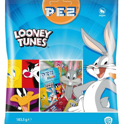 PEZ Maxi sachet design Looney Tunes 183,5g contenant: 1 distributeur PEZ et des bonbons - 6 recharges fruits + 5 recharges Cola + 10 rouleaux Fizzy + 30 Fruit mix Fizzy (1 boite fizzy)