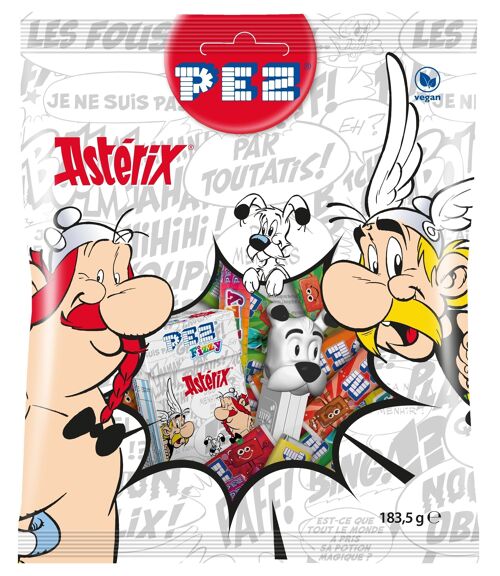 PEZ Maxi sachet design Asterix 183,5g contenant: 1 distributeur PEZ et des bonbons - 6 recharges fruits + 5 recharges Cola + 10 rouleaux Fizzy + 30 Fruit mix Fizzy (1 boite fizzy)