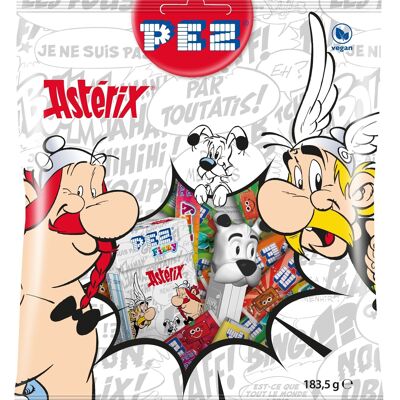 Borsa griffata PEZ Maxi Asterix da 183,5g contenente: 1 dispenser PEZ e caramelle - 6 ricariche di frutta + 5 ricariche di Cola + 10 panini Fizzy + 30 mix di frutta Fizzy (1 scatola fizzy)
