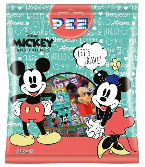 PEZ Maxi sachet design Mickey Minnie 183,5g contenant:-1 distributeur PEZ et des bonbons : 6 recharges fruits + 5 recharges Cola + 10 rouleaux Fizzy + 30 Fruit mix Fizzy (1 boite fizzy)