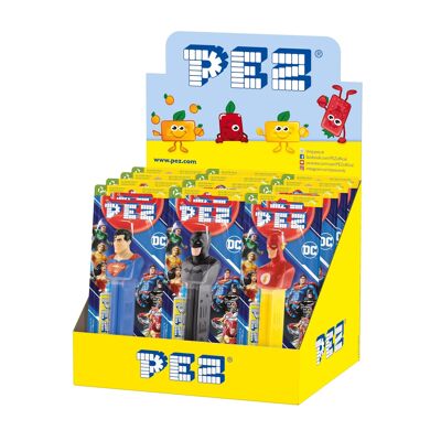 PEZ Caja Display de 12 Ampollas DC HEROES Liga de la Justicia: 1 dispensador + 1 recambio sabor fruta